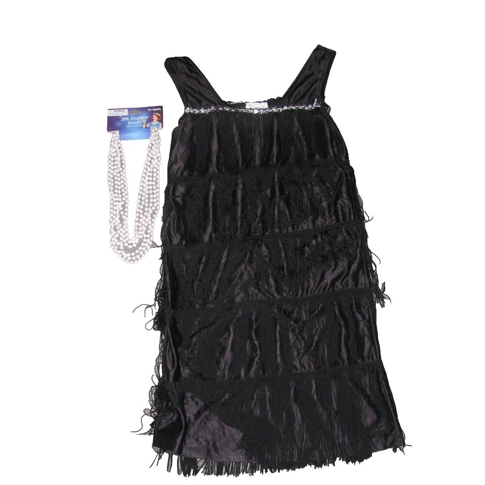 Black Fringed Flapper Dress Costume & Necklace Roaring 20s Woman Size S